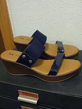 Anne Klein Navy Blue Elastic & Patent Wedge Sandals Size 9M